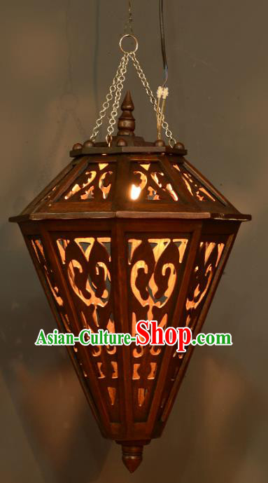 Traditional Thailand Handmade Carving Hanging Lantern Asian Wood Ceiling Lanterns Religion Lantern