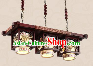 Traditional Chinese Handmade Three-Lights Lantern Asian Wood Carving Ceiling Lanterns Ancient Lantern