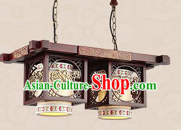 Traditional Chinese Handmade Two-Lights Lantern Asian Wood Carving Ceiling Lanterns Ancient Lantern