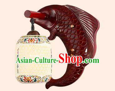 China Handmade Pierced Ceramics Lantern Ancient Wood Fish Wall Lanterns Traditional Lamp