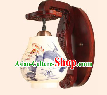 China Handmade Painting Lotus Ceramics Lantern Ancient Wood Wall Lanterns Traditional Lamp
