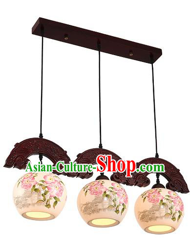 Traditional Chinese Handmade Three-Lights Hanging Lantern Wood Painting Peony Lantern Ancient Palace Ceiling Lanterns