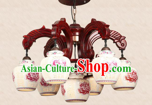 Traditional Chinese Handmade Seven-Pieces Ceiling Lantern Wood Palace Lanterns Ancient Lamp