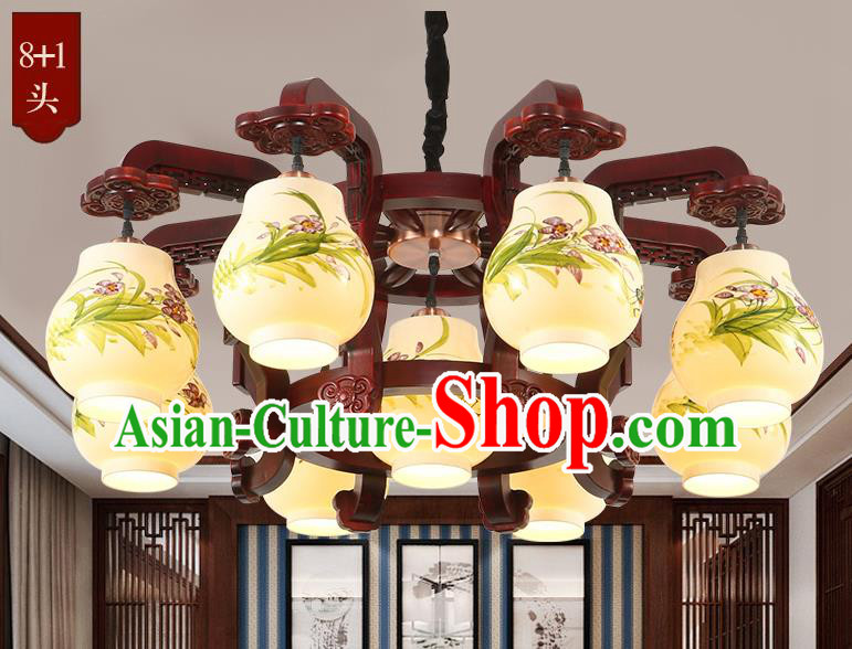 Traditional Chinese Handmade Painting Orchid Lantern Nine-Lights Palace Lantern Ancient Ceiling Lanterns