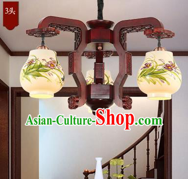 Traditional Chinese Handmade Painting Orchid Lantern Three-Lights Palace Lantern Ancient Ceiling Lanterns