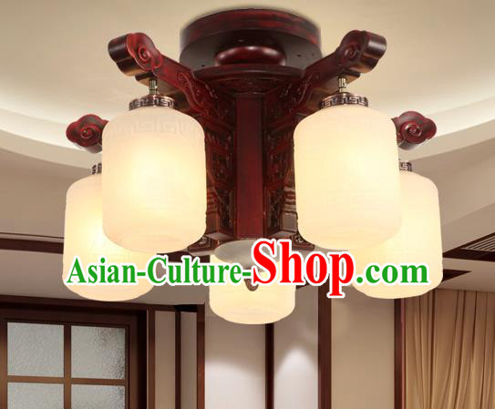 Traditional Chinese Handmade Five-Lights Ceiling Lantern Rosewood Marble Palace Lanterns Ancient Lamp