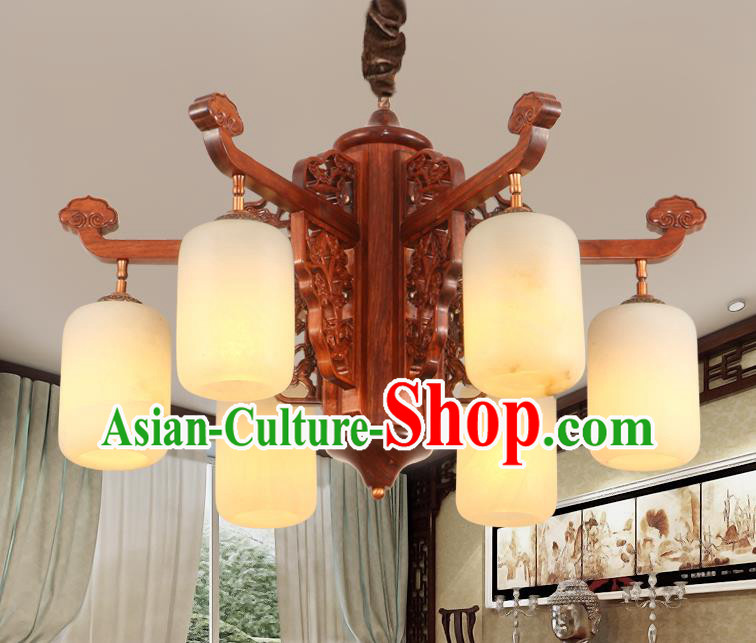 Traditional Chinese Handmade Marble Hanging Lantern Rosewood Six-Lights Palace Lanterns Ancient Lamp