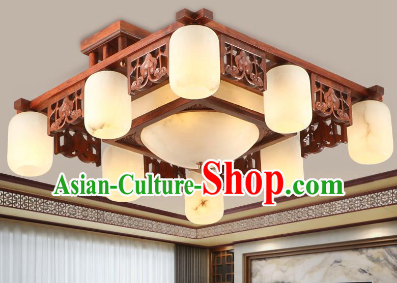 Traditional Chinese Handmade Marble Ceiling Lantern Rosewood Nine-Lights Palace Lanterns Ancient Lamp