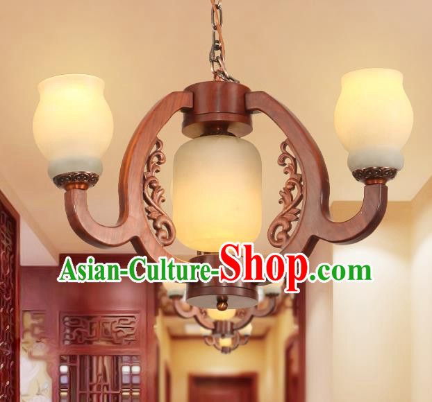 Traditional Chinese Handmade Rosewood Marble Ceiling Lantern Three-Lights Palace Lanterns Ancient Lamp