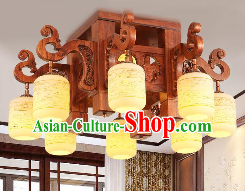 Traditional Chinese Handmade Marble Ceiling Lantern Rosewood Eight-Lights Palace Lanterns Ancient Lamp