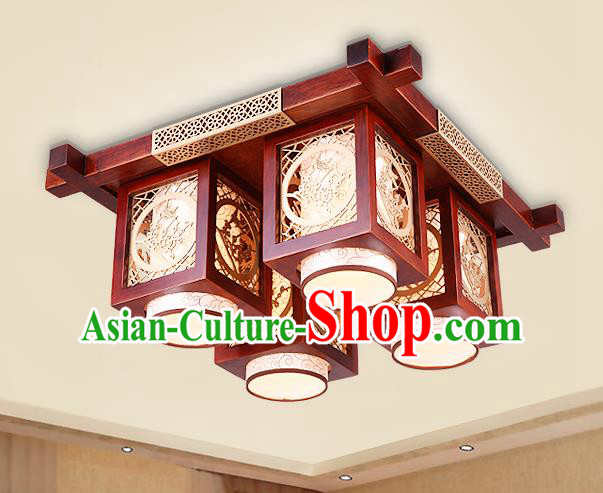 Traditional Chinese Handmade Palace Lantern Wood Carving Plum Blossom Four-Lights Ceiling Lanterns Ancient Lamp