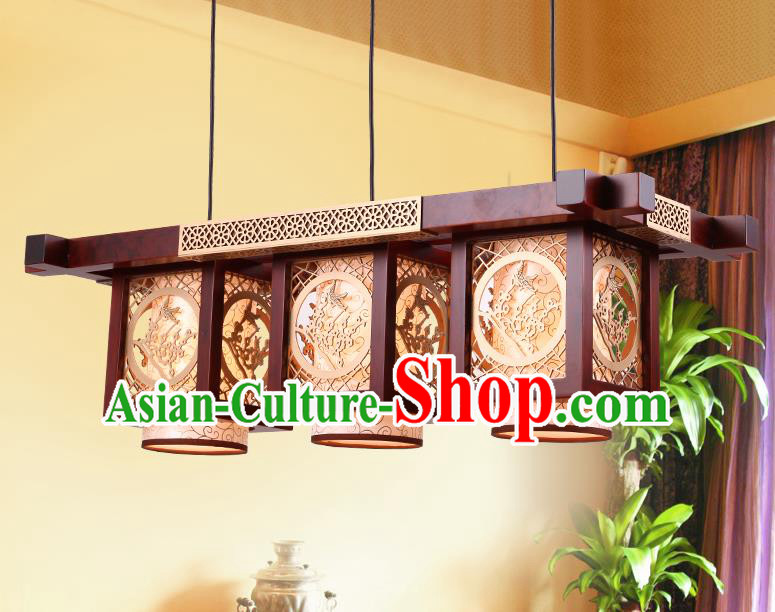 Traditional Chinese Handmade Palace Lantern Wood Carving Plum Blossom Three-Lights Ceiling Lanterns Ancient Lamp