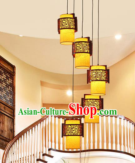 Traditional Chinese Handmade Palace Lantern Five-Lights Hanging Lanterns Ancient Wood Lamp