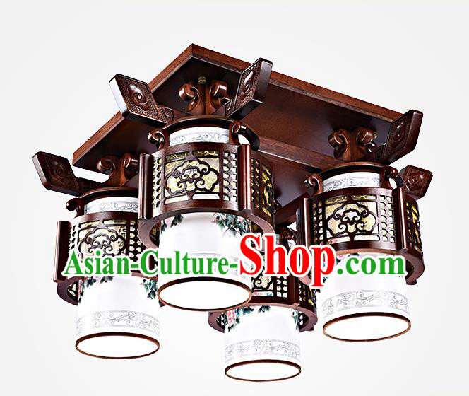 Traditional Chinese Painted Four-Lights Palace Lantern Handmade Wood Ceiling Lanterns Ancient Lamp