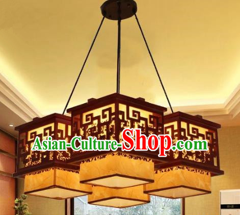 Traditional Chinese Parchment Palace Lantern Handmade Four-Lights Wood Ceiling Lanterns Ancient Lamp