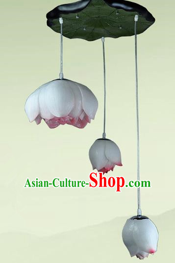 Top Grade Handmade Three-Lights Red Lotus Hanging Lanterns Traditional Chinese Ceiling Palace Lantern Ancient Lanterns