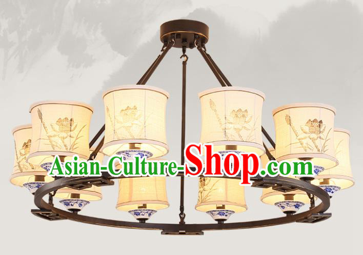 China Handmade Ten-Lights Ceiling Lanterns Traditional Chinese Painting Lotus Palace Lantern Ancient Lanterns