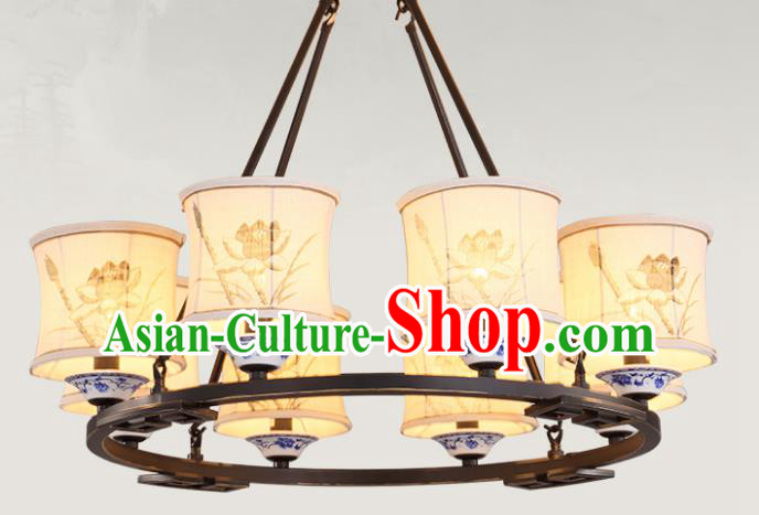 China Handmade Eight-Lights Ceiling Lanterns Traditional Chinese Painting Lotus Palace Lantern Ancient Lanterns