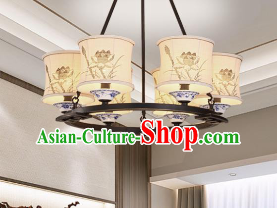 China Handmade Six-Lights Ceiling Lanterns Traditional Chinese Painting Lotus Palace Lantern Ancient Lanterns