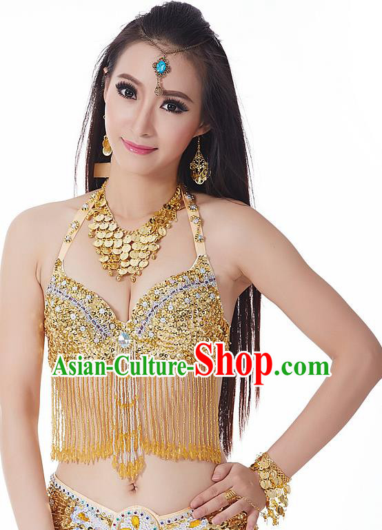 Indian National Belly Dance Tassel Golden Brassiere Bollywood Oriental Dance Costume for Women