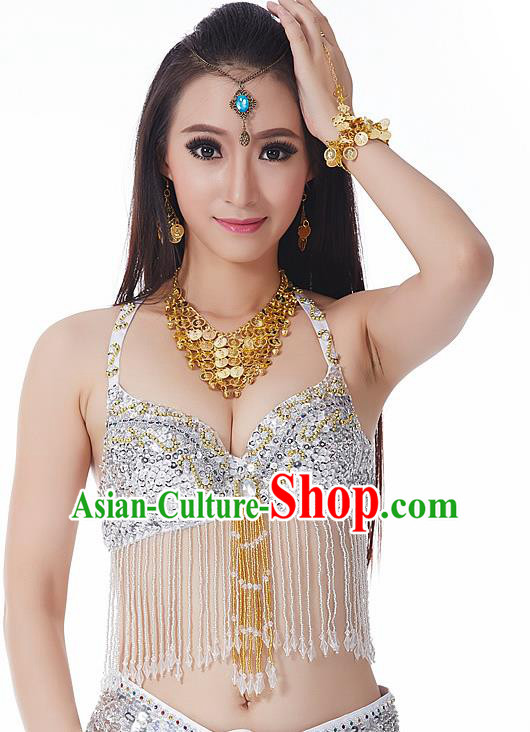 Indian National Belly Dance Tassel White Brassiere Bollywood Oriental Dance Costume for Women