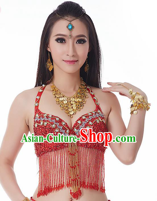 Indian National Belly Dance Tassel Red Brassiere Bollywood Oriental Dance Costume for Women