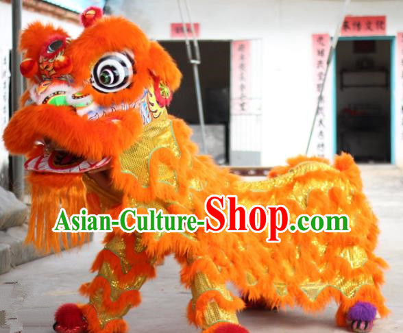 Chinese Traditional Parade Orange Lion Head Professional Wool Lion Dance Costumes Complete Set