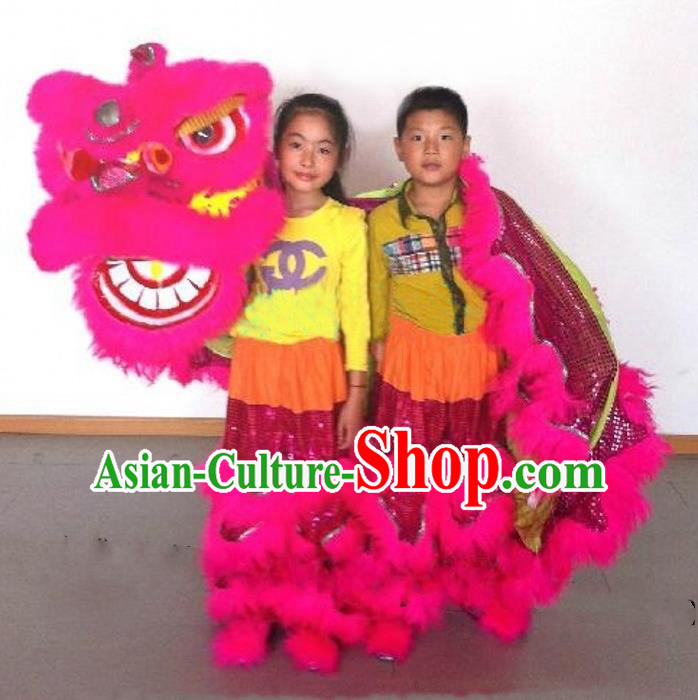 Chinese Traditional Children Lion Dance Costumes Professional Celebration Parade Pink Wool Lion Head Complete Set