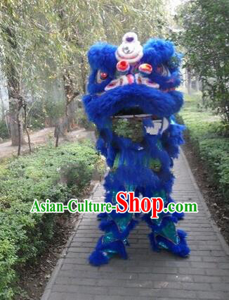 Chinese Traditional Blue Wool Lion Dance Costumes Professional Celebration Parade Lion Head Complete Set