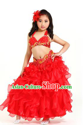 Traditional Indian Belly Dance Red Dress Asian India Oriental Dance Costume for Kids