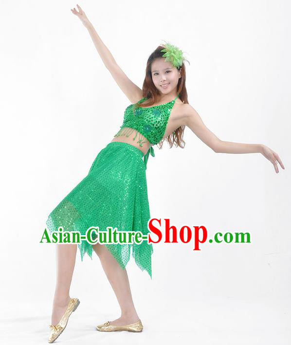 Traditional Indian Belly Dance Green Sequin Clothing India Oriental Dance Costume for Women