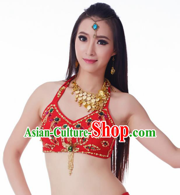 Indian Belly Dance Red Brassiere Upper Outer Garment Asian India Oriental Dance Costume for Women