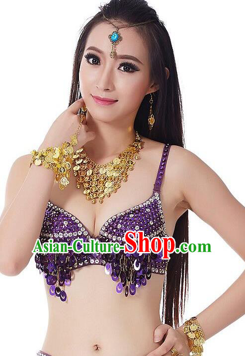 Indian Bollywood Belly Dance Purple Sequin Brassiere Asian India Oriental Dance Costume for Women