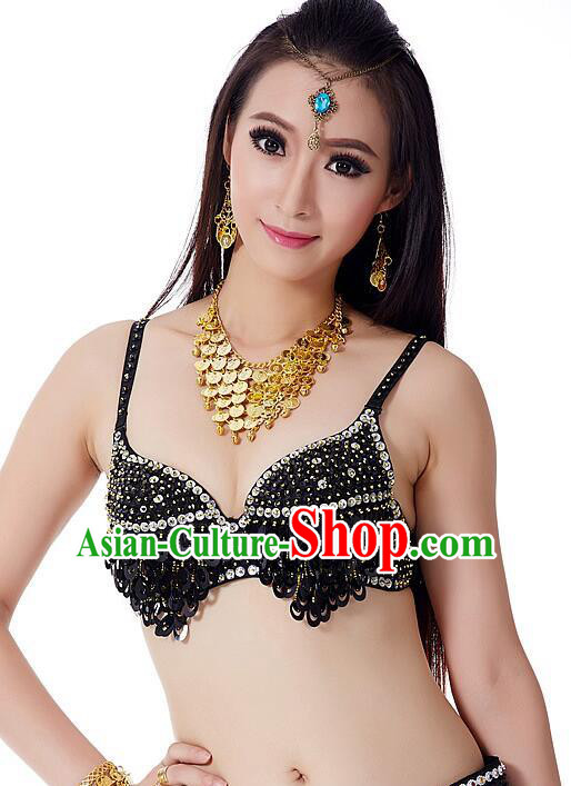 Indian Bollywood Belly Dance Black Sequin Brassiere Asian India Oriental Dance Costume for Women