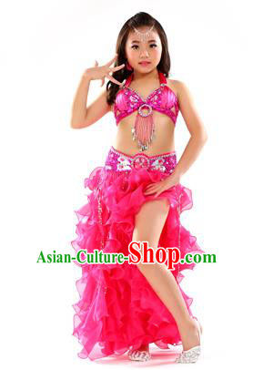 Traditional Indian Children Stage Performance Rosy Dress Oriental Belly Dance Costume for Kids