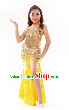Traditional Indian Children Performance Oriental Dance Yellow Dress Belly Dance Costume for Kids