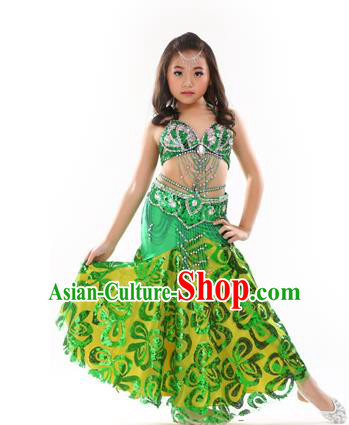 Traditional Indian Children Performance Oriental Dance Green Dress Belly Dance Costume for Kids