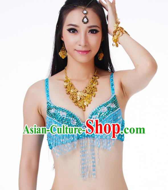 Traditional Belly Dance Blue Tassel Brassiere Upper Outer Garment Indian Oriental Dance Costume for Women