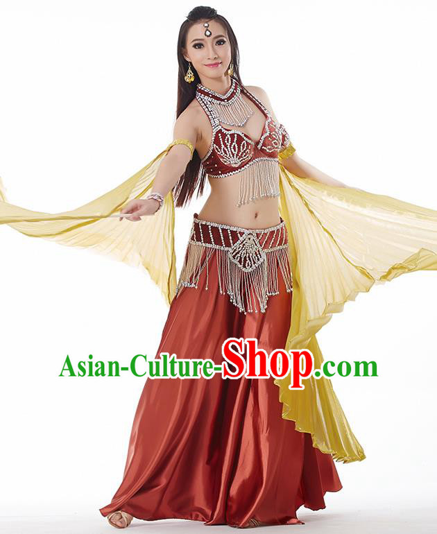 Traditional India Oriental Bollywood Dance Velvet Costume Indian Belly Dance Brownish Red Dress for Women