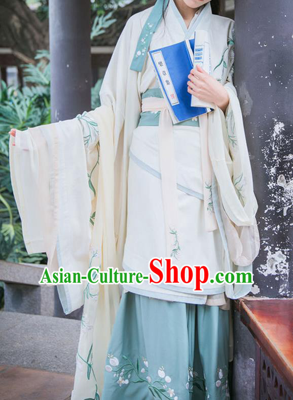 Chinese Ancient Han Dynasty Princess Costumes Embroidered Hanfu Curving-front Robe for Women