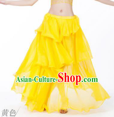 Indian Belly Dance Stage Performance Costume, India Oriental Dance Yellow Spiral Skirt for Women