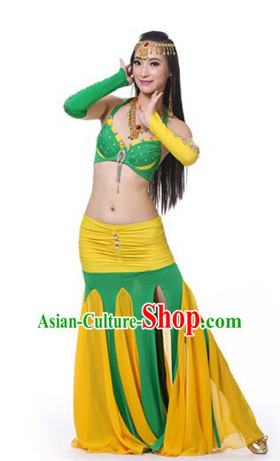 Asian Indian Bollywood Belly Dance Costume Stage Performance Oriental Dance Green and Yellow Dress for Women