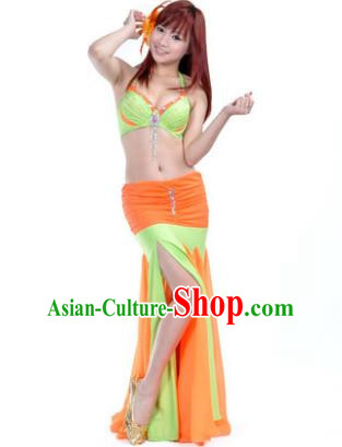 Asian Indian Belly Dance Stage Performance Costume Oriental Dance Orange and Green Dress for Women