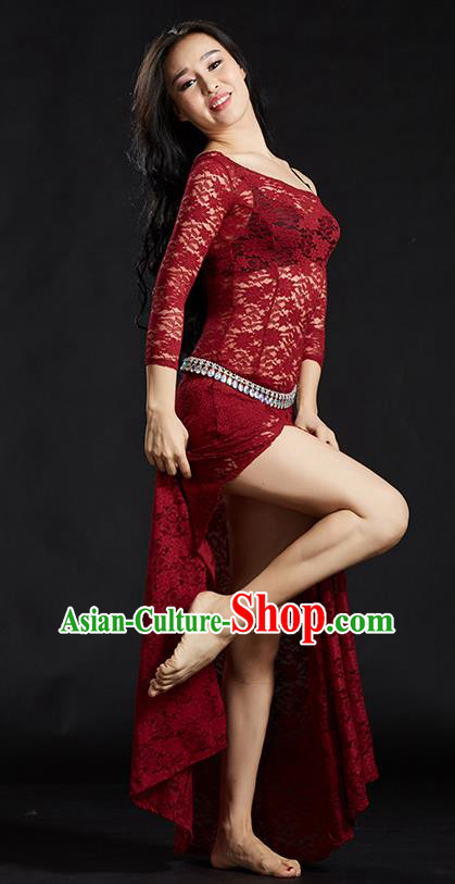 Asian Indian Traditional Costume Belly Dance Stage Performance Red Lace Dress for Women