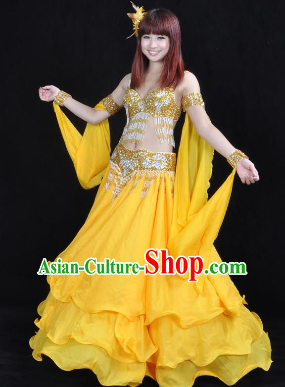 Asian Indian Traditional Oriental Dance Yellow Dress Belly Dance Stage Performance Costume for Women