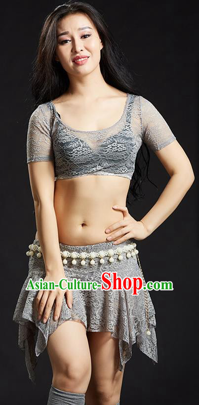 Asian Indian Traditional Grey Lace Costume Oriental Dance Belly Dance Stage Performance Clothing for Women