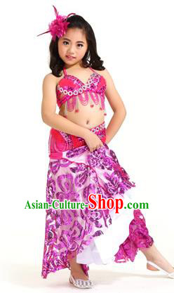 Indian Traditional Belly Dance Rosy Dress Oriental Dance Performance Costume for Kids