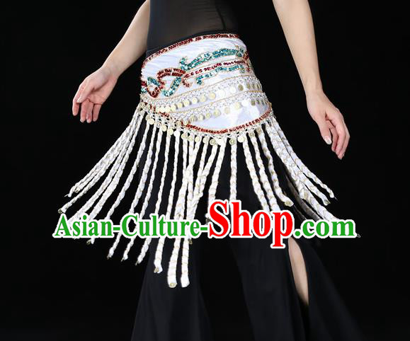 Indian Belly Dance Waist Accessories Stage Performance White Tassel Waistband Belts for Women