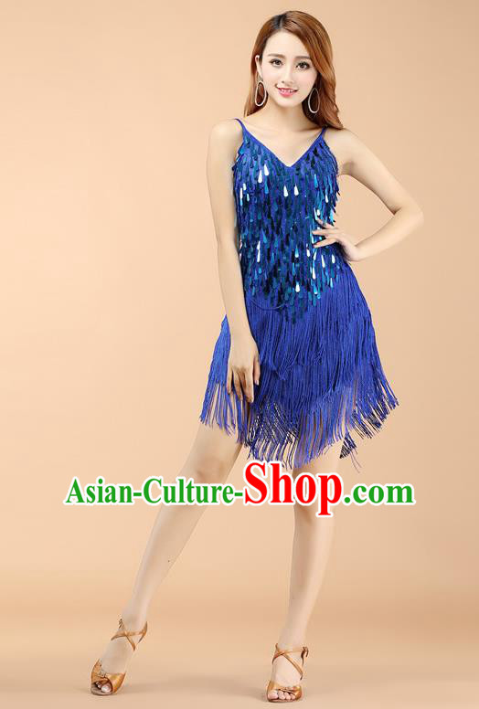 Top Grade Modern Dance Jazz Latin Dance Costume Classical Dance Blue Sequin Dress for Women