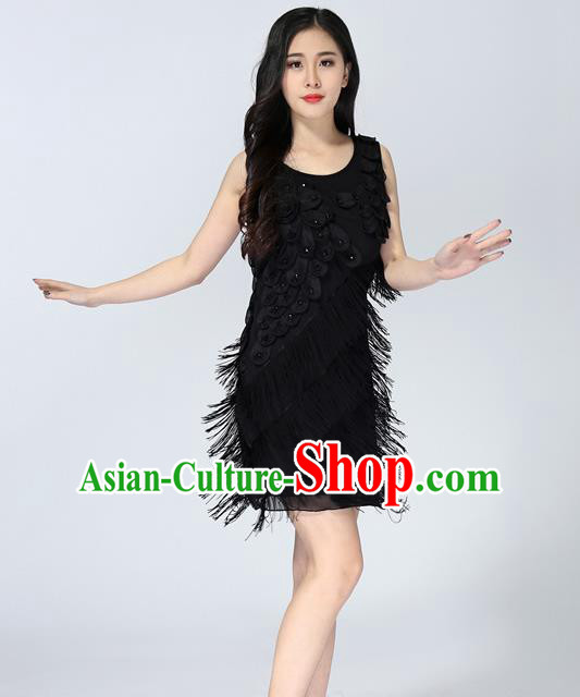 Top Grade Latin Dance Black Tassel Short Dress Modern Dance Ballroom Dance Performance Costume for Women